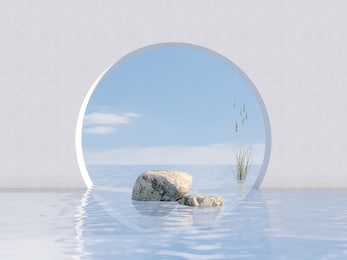 natural beauty podium backdrop with stone and flower grass. 3d render.