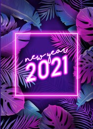 new year neon tropic design, disco tropical party vector poster, christmas summer holiday flyer. monstera palm leaves background, winter beach holidays, vibrant template brochure, paradise cover
