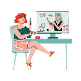 woman watching makeup advices from beauty blogger, flat cartoon vector illustration isolated on white background. product online review or makeup tutorial.