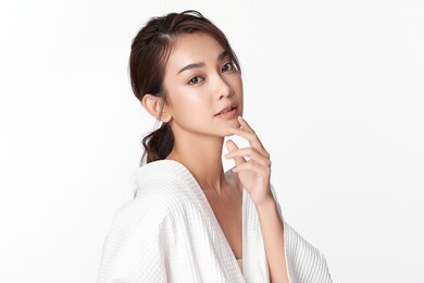 beautiful young asian woman with clean fresh skin on white background, face care, facial treatment, cosmetology, beauty and spa, asian women portrait