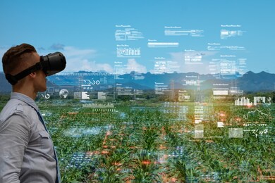 iot smart industry robot 4.0 agriculture concept,agronomist,smart farmer using smart glasses (augmented mixed virtual reality,artificial intelligence technology) to monitoring,control in farm