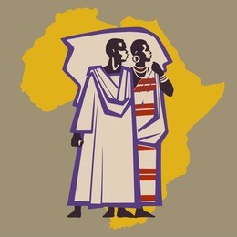 africans in national costumes on background of african continent