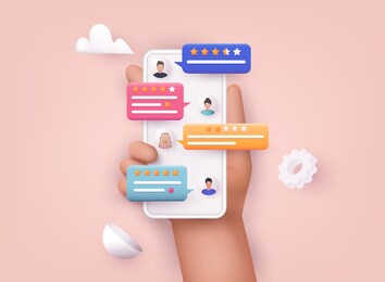 hands holding phone with review rating. reviews stars with good and bad rate and text.