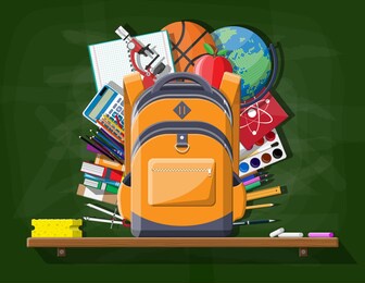 school green chalkboard with backpack. stationery supplies in student bag. books, paint, apple, calculator, pen, pencil, ruler. education and study learning. illustration in flat style