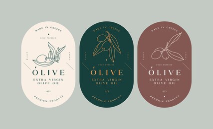 vector set labels with olive branch - simple linear style. emblems composition with olives and typography