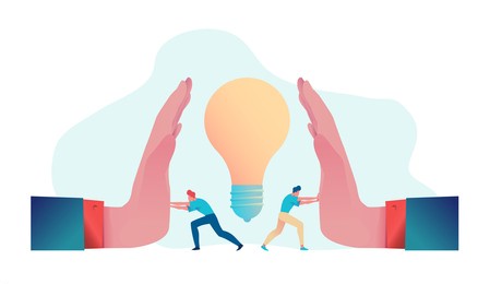 business team resists blocking or stealing ideas. metaphor for protecting intellectual property rights. flat vector illustration