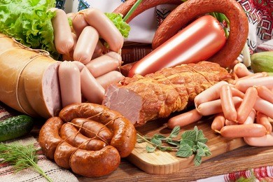 variety of sausage products. close-up shot.