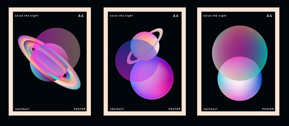 set of minimal posters with abstract composition of glowing neon shapes and planets. synthwave and vaporwave style covers for music or dance event.