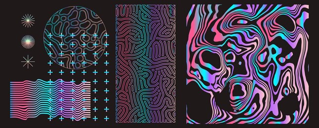 set of universal holographic geometric elements and icons for futuristic minimal design. abstract shapes and forms on dark background.