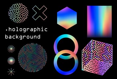 set of universal holographic geometric elements and icons for futuristic minimal design. abstract shapes and forms on dark background.