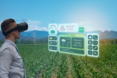 iot smart industry robot 4.0 agriculture concept,agronomist,smart farmer using smart glasses (augmented mixed virtual reality,artificial intelligence technology) to monitoring,control in farm