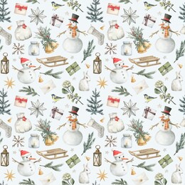 watercolor seamless winter pattern with christmas elements. cute snowman, fir tree, gifts, sleigh, bell, birds, candles, leaves, stars. watercolor illustration for wrapping paper, textile, decoration