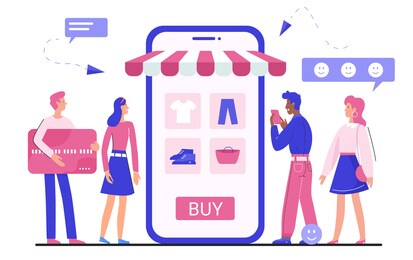 online shopping application illustration. cartoon tiny flat man woman buyer characters buying clothes and accessories, using mobile shop app, clothing internet store concept isolated on white