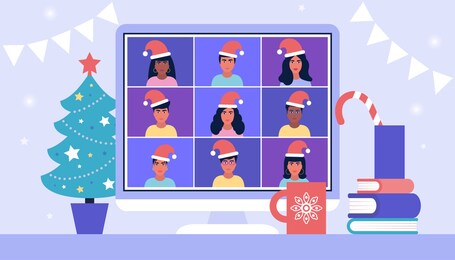 illustration of christmas and happy new year theme. illustration of conference video call, video call to a friend, study online, business meeting. colorful flat vector illustration