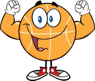 happy basketball cartoon character showing muscle arms.