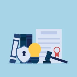 bulb and law certificate for intellectual property flat conceptual illustration.