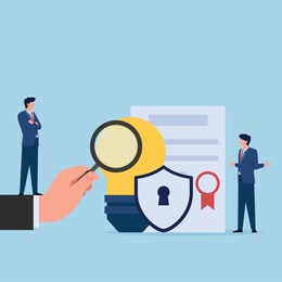 man with bulb and law certificate for intellectual property flat conceptual illustration.