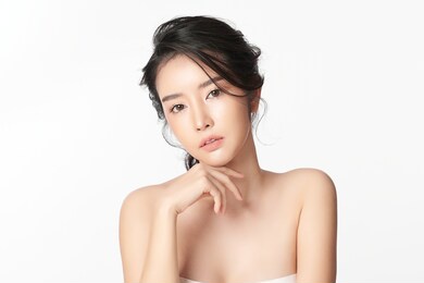 beautiful young asian woman with clean fresh skin on white background, face care, facial treatment, cosmetology, beauty and spa, asian women portrait