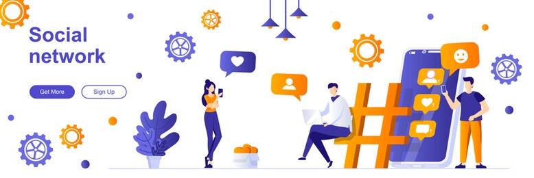 social network landing page with people characters. online messaging service web banner. chatting mobile application vector illustration. flat concept great for social media promotional materials.