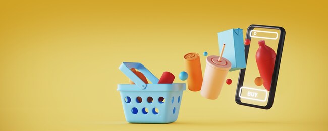 minimal background for online shopping and digital marketing concept. mobile phone with basket and grocery on yellow background. 3d rendering illustration. clipping path of each element included.
