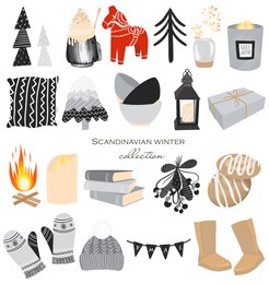 collection of winter home cozy elements in scandinavian hygge style, christmas set of individual elements, hand drawn illustration on a white background