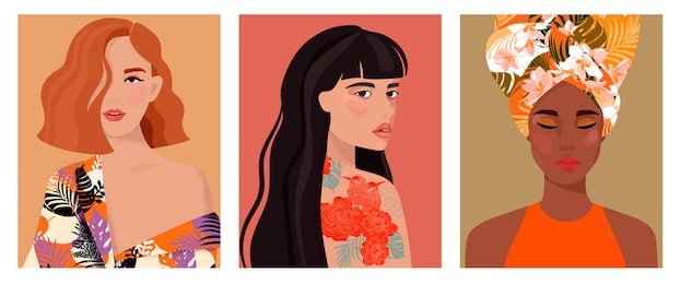  set of portraits of women of different gender and age. diversity. vector flat illustration. avatar for a social network.  vector flat illustration