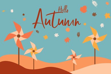 hello autumn background with colorful pinwheels. turbine, page.