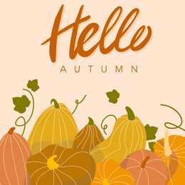 autumn greetings. vector illustration with various pumpkins and text hello autumn. seasonal banner and greetings card for festive decorations.