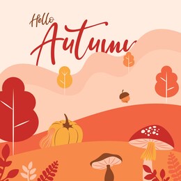 hello autumn banner with fall nature frame.  pumpkin vegetable, forest tree foliage