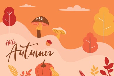 hello autumn, rustic mushroom pumpkin flowers leaves foliage banner.