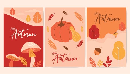 hello autumn, rustic mushroom pumpkin flowers leaves foliage banner.
