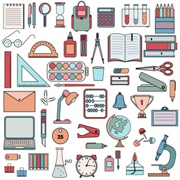 color set of stationery school and office items and tools, illustration in flat style, design, decoration, icon, objects isolated on a white background