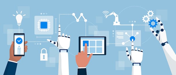 ai robots and business people interacting together in a productive process, artificial intelligence and smart industry concept