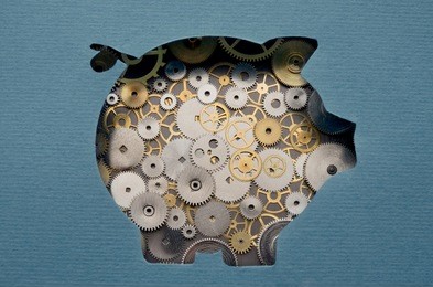 financial savings mechanism. piggy bank formed by gears and cogs