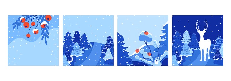 square winter holidays greeting cards set. holiday winter landscape. merry christmas greeting card design with falling snow, new year tree and deer. suitable for social media post, mobile apps