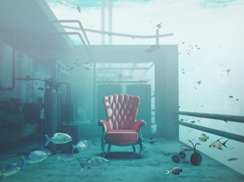 red luxury armchair underwater. cg and photo compilation concept