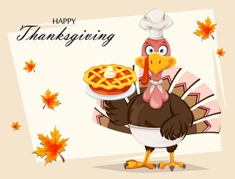 happy thanksgiving day greeting card. funny cartoon character thanksgiving turkey bird chef holding sweet pie. raster illustration