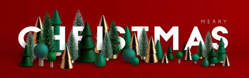 christmas banner. xmas horizontal composition made of green and gold wooden and glass christmas trees. christmas poster, greeting cards, header or profile cover.