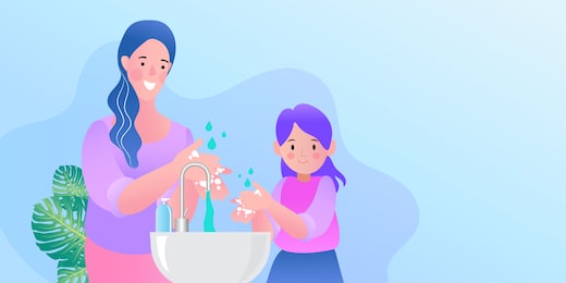 woman and girl washing hand.  protection against infections and viruses. hygiene concept. cartoon people character isolated illustration.