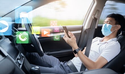 auto pilot cruise mode self-driving car using mobile smartphone, hud head up display and digital instruments panel autonomous user interface navigation utility screen smart technology businessman 