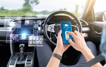 auto pilot cruise mode self-driving car using mobile smartphone, hud head up display and digital instruments panel autonomous user interface navigation utility screen smart technology businessman 