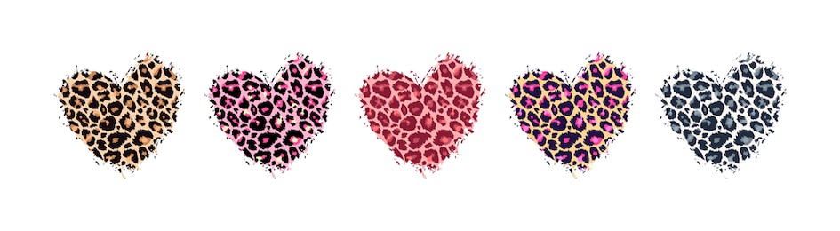 leopard print textured hand drawn brush stroke heart shape set . abstract paint spot with wild animal cheetah skin pattern texture. brown, yellow, pink, grey vector design elements for print designs.