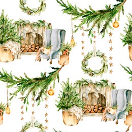 watercolor christmas seamless pattern. hand painted new year winter fir tree, wooden fireplace, garland of stars. merry christmas. vintage illustration for design, digital paper