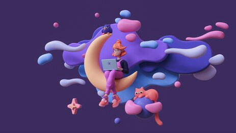 red-haired happy writer girl in glasses, pink pants works on a laptop and sits on the moon late at night in space with floating blue purple clouds, stars, a cat, an owl. 3d render in minimal art style