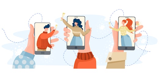 friends celebrating the new year online. party online, video call. new year's card. quarantine, isolation. vector illustration.