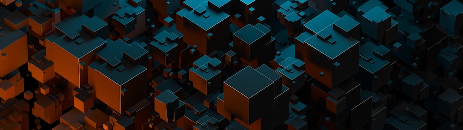 creative abstract wide background with geometric shapes. top view, modern trendy design, blocks structure. digital technology composition, neon colors. 3d rendering