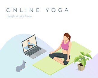 isometric sporty young woman doing yoga practice. fitness instructor taking online yoga classes over a video call in laptop. healthy life concept.