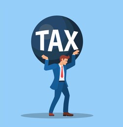 business man holding taxes on shoulder and worry. high taxes burden, financial load concept. illustration in flat style.