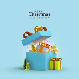 new year and christmas design. realistic blue gifts boxes. open gift box full of decorative festive object. holiday banner, web poster, flyer, stylish brochure, greeting card, cover. xmas background