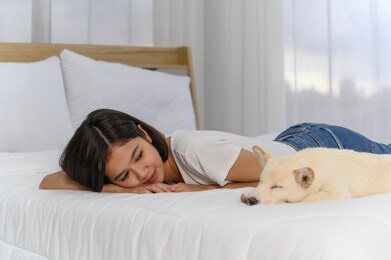 young asian woman lying with white shiba inu puppy sleeping on white bed, cheerful and nice couple with people and pet. pet lover concept